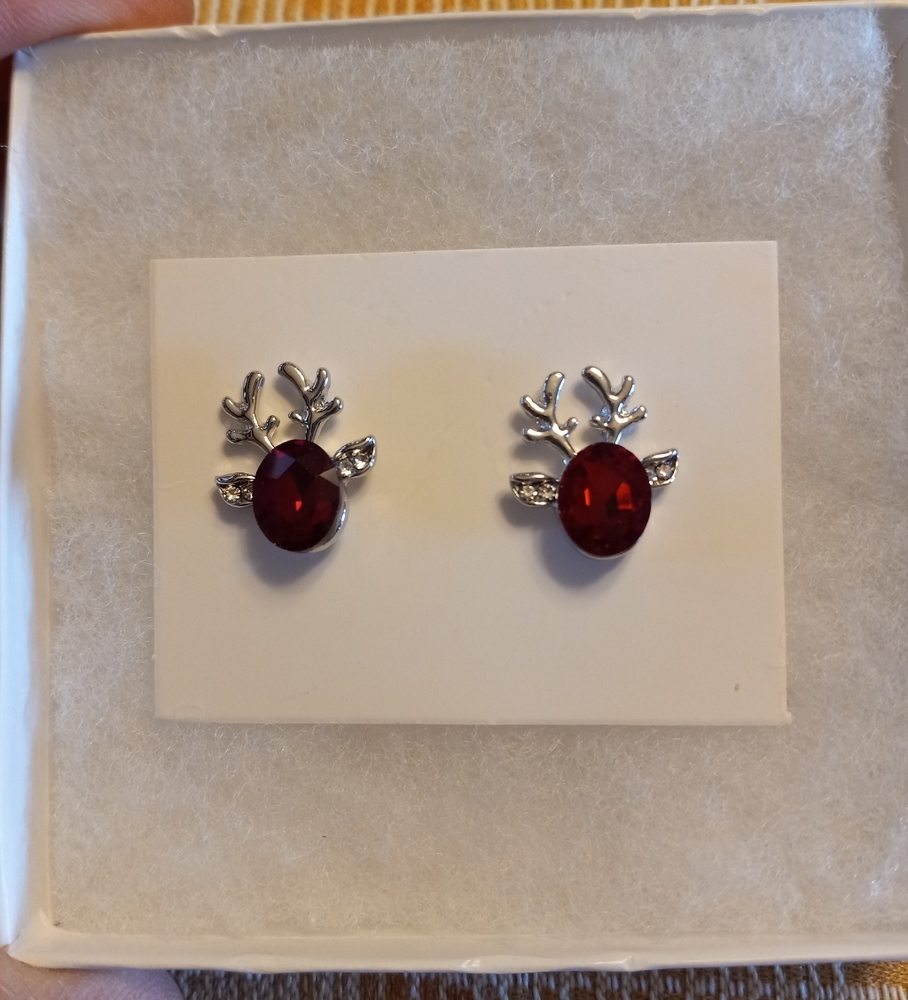 Silver Reindeer Earrings with Red Crystals